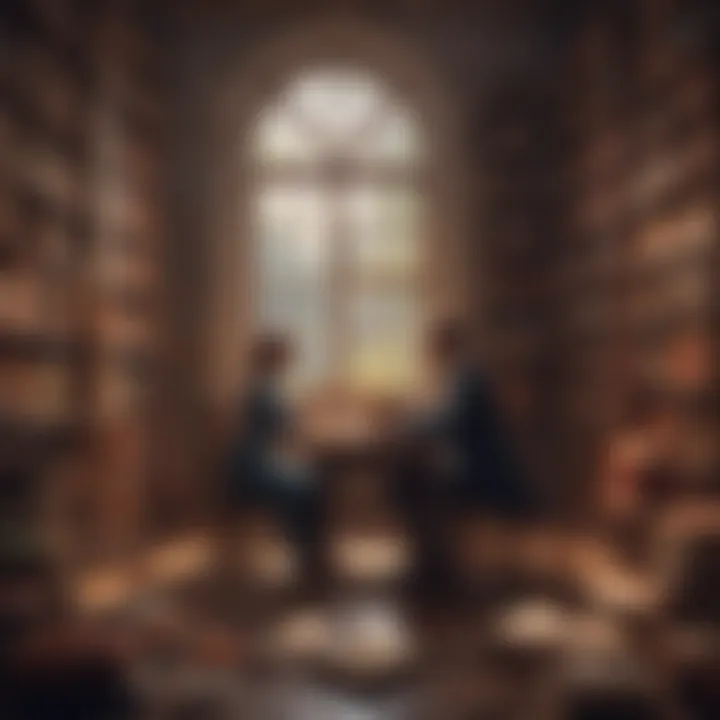 A vibrant depiction of a couple in a classic literary setting, surrounded by books