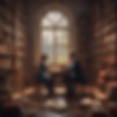 Timeless Tale A vibrant depiction of a couple in a classic literary setting, surrounded by books