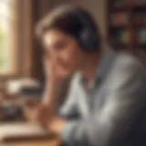 A person engaged in listening to an audiobook with focus