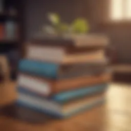 A stack of influential self-help books on a wooden table