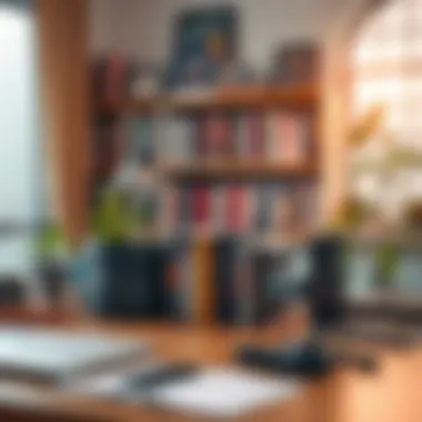 Inspirational Workspace An inviting workspace showcasing a variety of audiobooks and digital devices