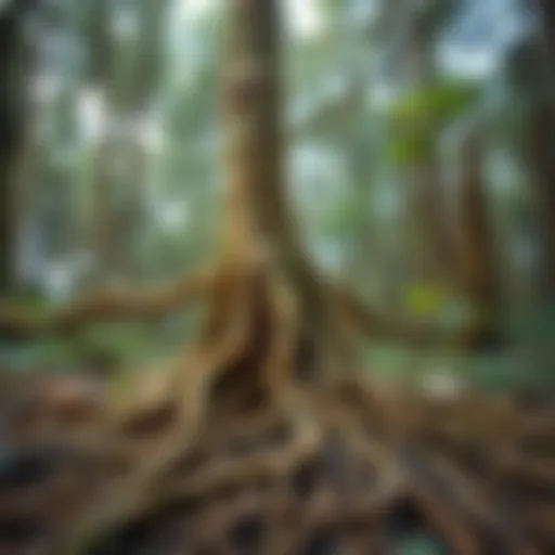 Interconnected Roots A network of tree roots intertwined beneath the forest floor