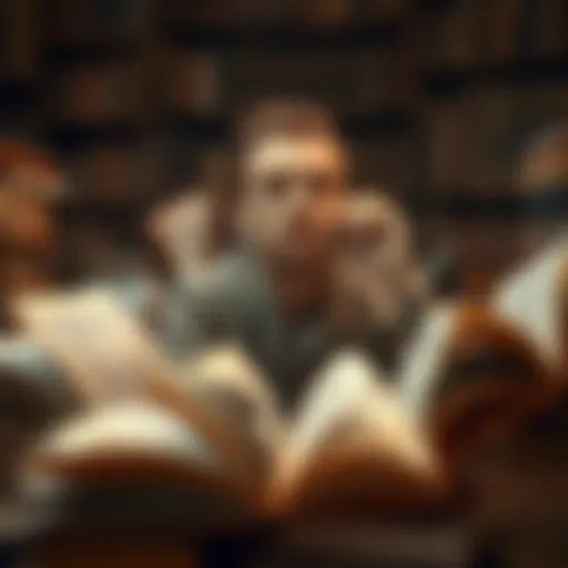 Contemplation and Knowledge A contemplative figure surrounded by open books symbolizing knowledge and discovery