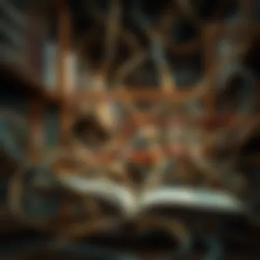 An abstract representation of intertwined thoughts and themes illustrating complexity in literature