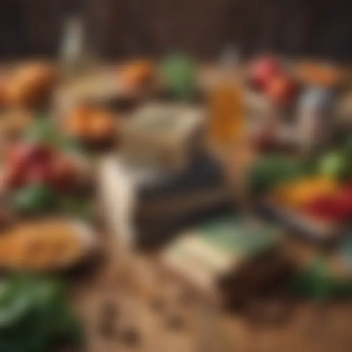 An array of organic food products displayed on a wooden table