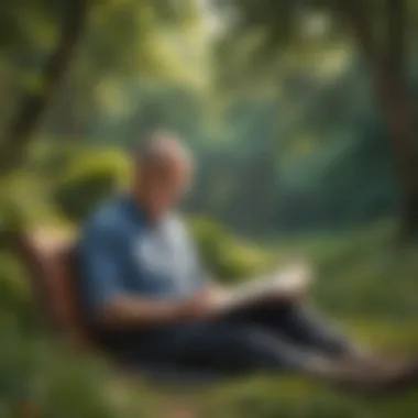 A thoughtful individual reading a book in a serene outdoor setting