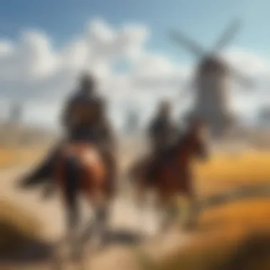 Illustration of Don Quixote's first encounter with the windmills, symbolizing his delusional battles.