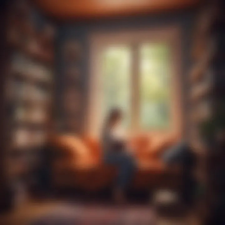 A person absorbed in reading a self-improvement book in a cozy nook