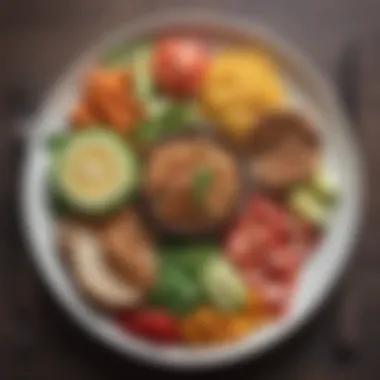 An illustration of a balanced plate with the recommended portions from the Four Hour Body meal plan, highlighting key food groups.