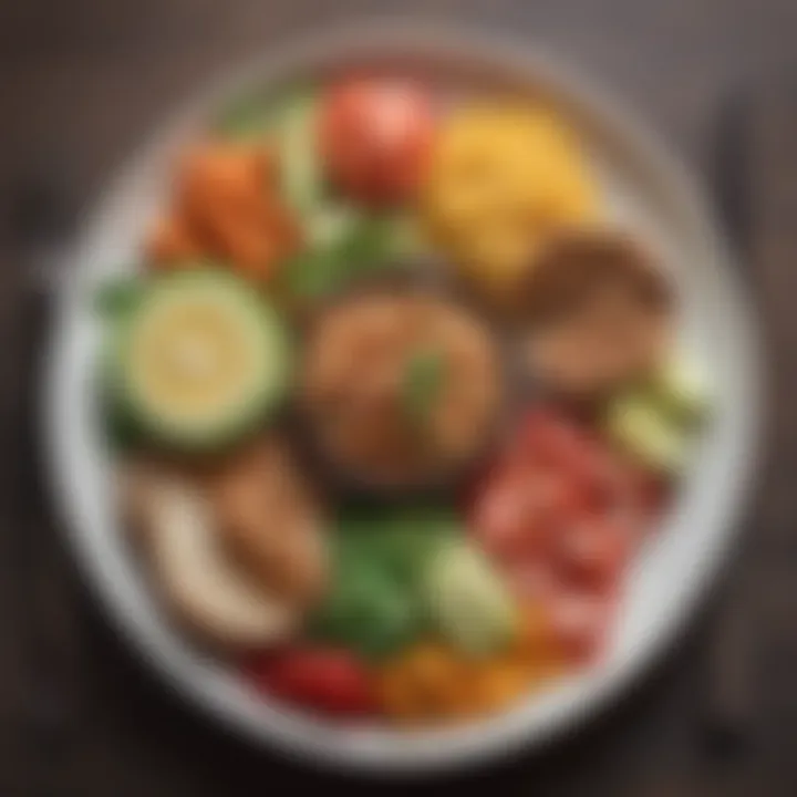 An illustration of a balanced plate with the recommended portions from the Four Hour Body meal plan, highlighting key food groups.