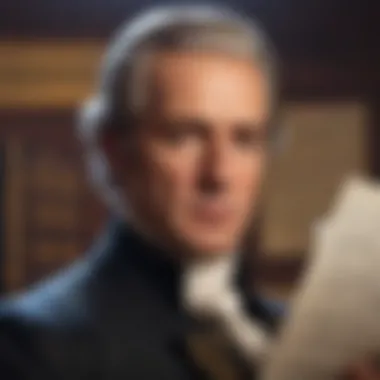 An artistic representation of Alexander Hamilton with historical documents in the background