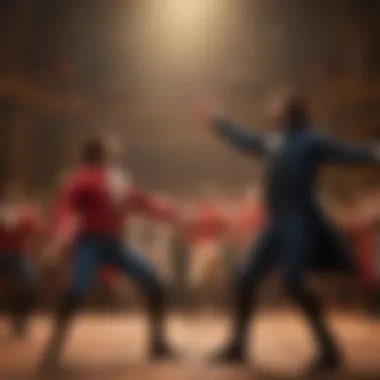 Dynamic Choreography in Hamilton A vibrant stage scene from Hamilton showcasing dynamic choreography and expressive actors