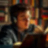 Audiobook Immersion A person immersed in an audiobook experience with headphones on, surrounded by books.