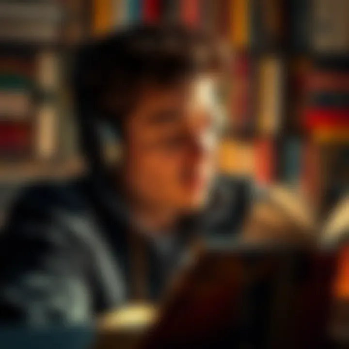 Audiobook Immersion A person immersed in an audiobook experience with headphones on, surrounded by books.