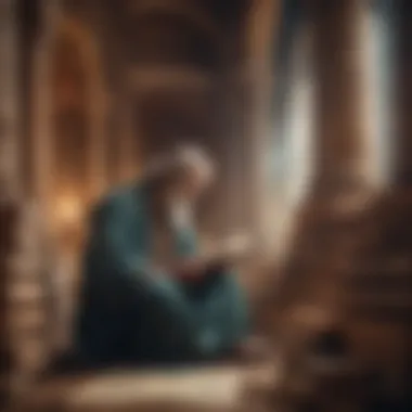 Reflecting on Wisdom A thoughtful figure surrounded by ancient manuscripts