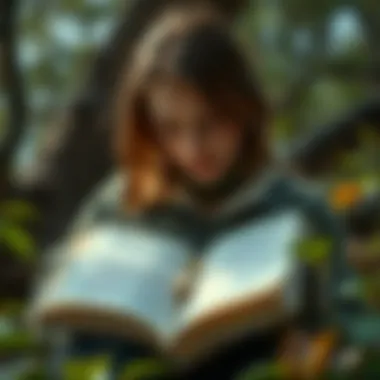 A contemplative reader immersed in a book, surrounded by nature